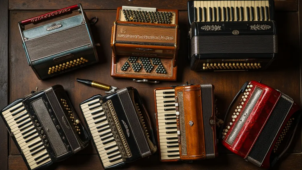 Collection of vintage accordions and a pen