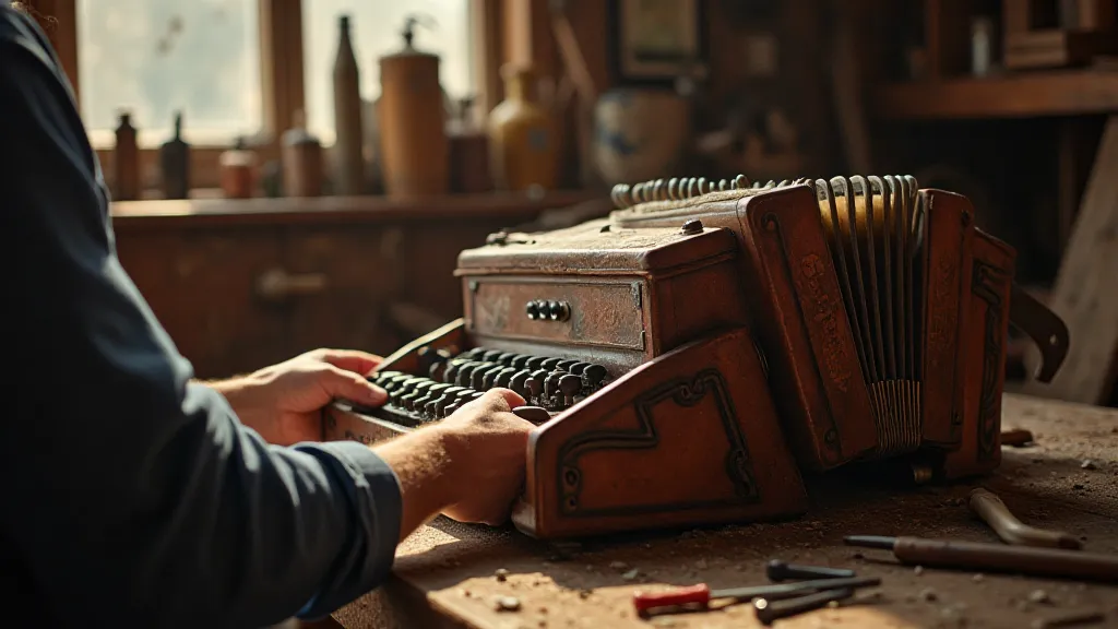 Antique accordion on workbench