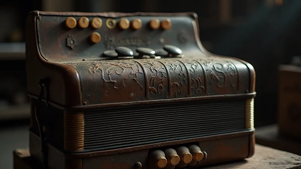 Antique accordion showing signs of wear and repair