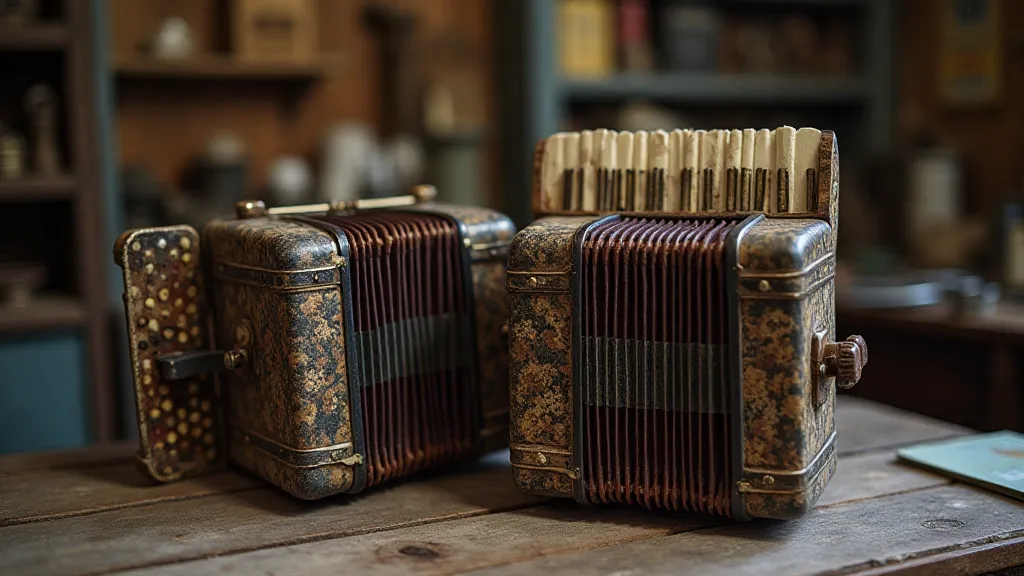 Antique accordions in a workshop.