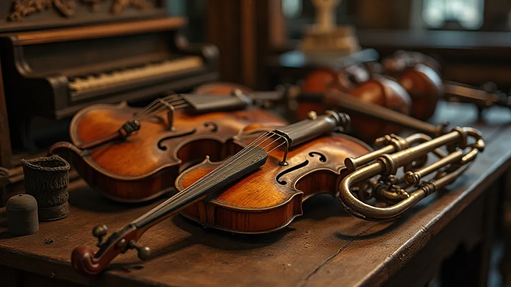 Collection of antique musical instruments with visible repairs