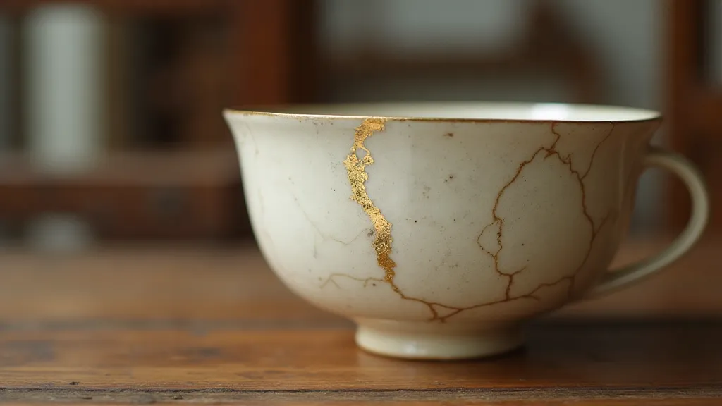 Close-up of a Kintsugi bowl showing golden repairs