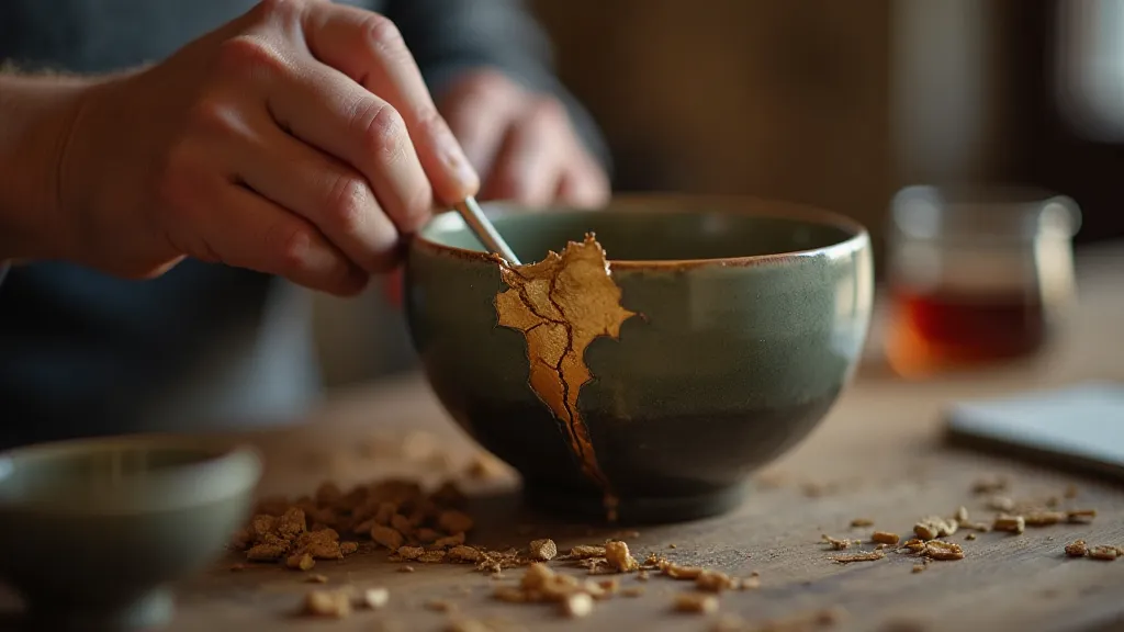 Artisan repairing pottery with gold lacquer