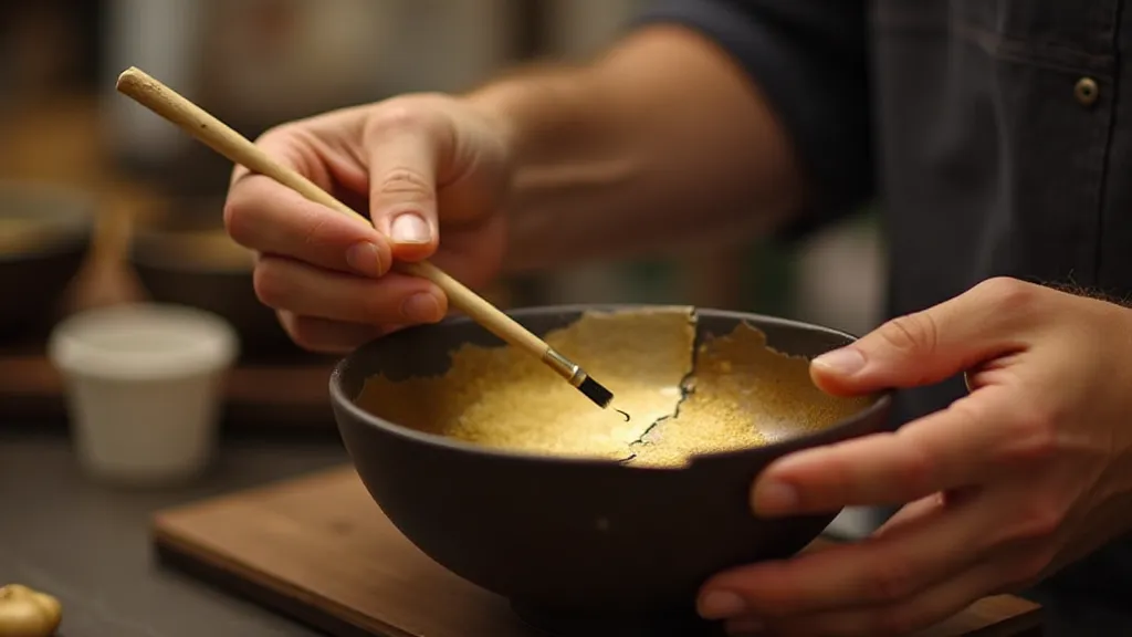 Artisan repairing a bowl with Kintsugi techniques.