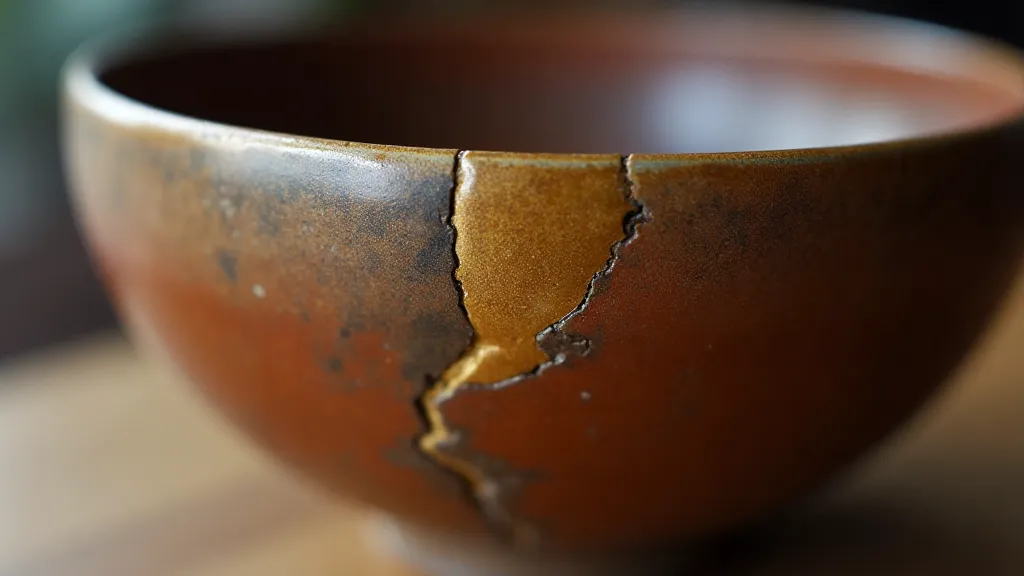 Repaired Japanese tea bowl with gold Kintsugi repair