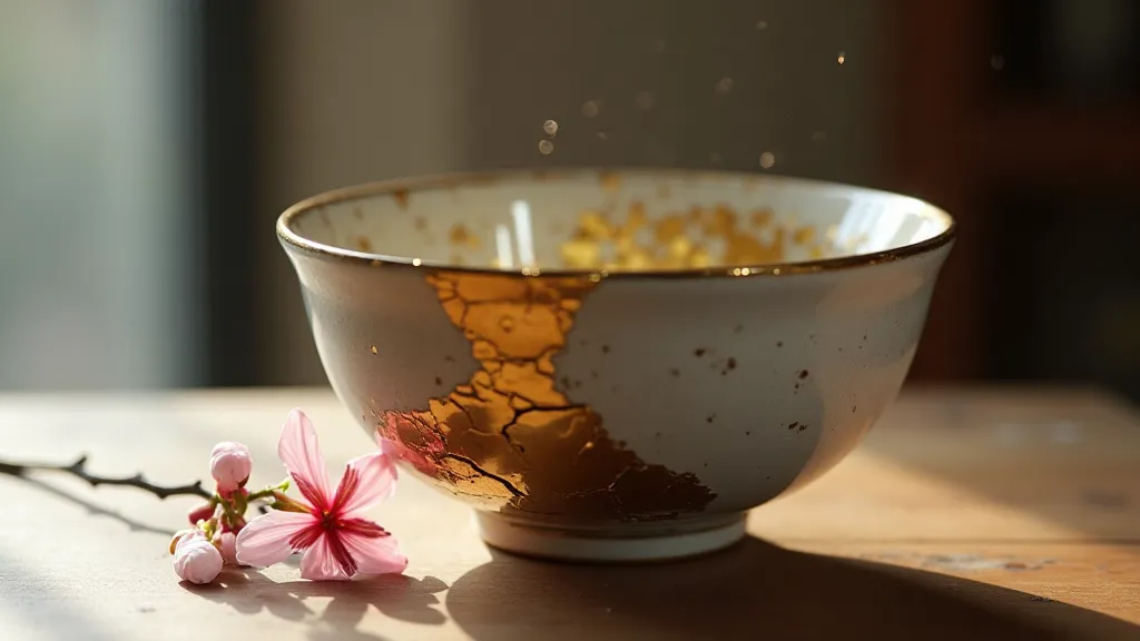 Repaired ceramic bowl with prominent golden cracks.