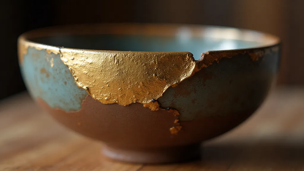 Repaired ceramic bowl with kintsugi golden seams