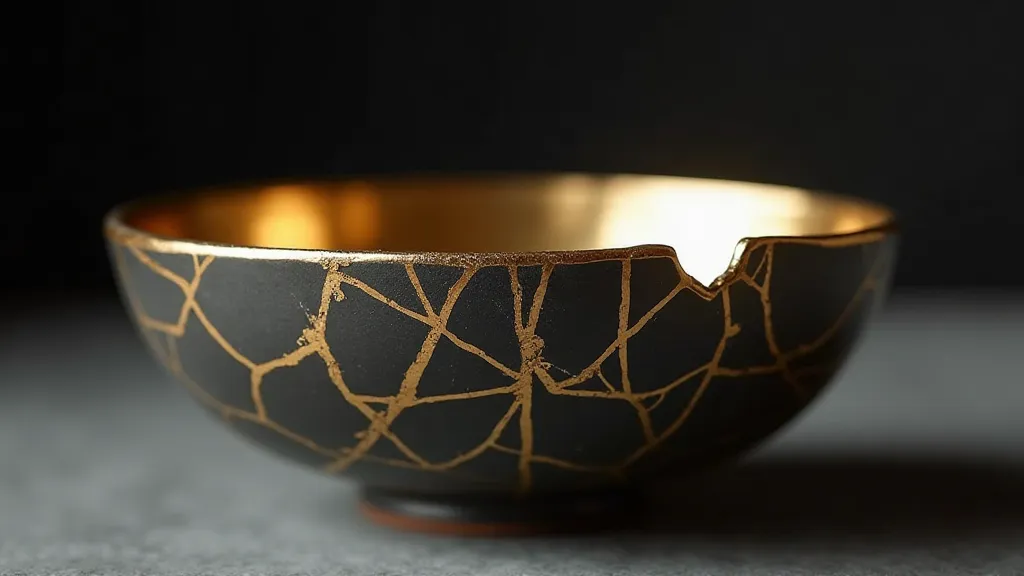 Kintsugi bowl repair with gold lacquer