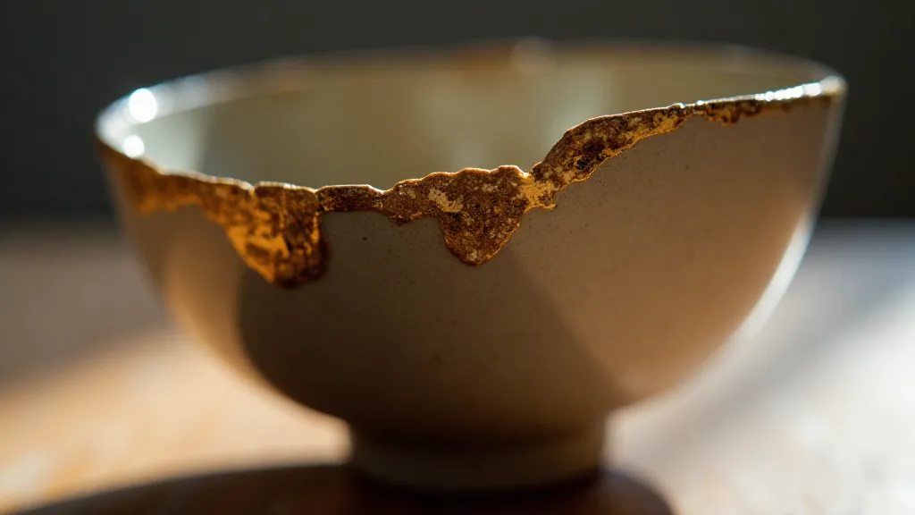 Kintsugi-repaired ceramic bowl highlighting golden seams