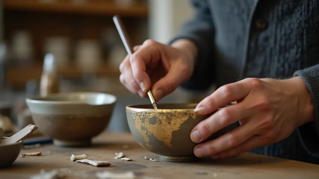 Craftsman repairing pottery with Kintsugi