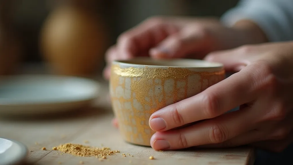 Kintsugi craftsman's hands applying gold