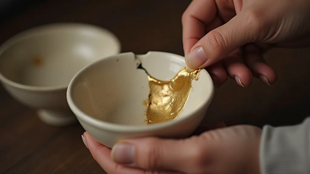 Hands repairing a broken bowl with gold lacquer