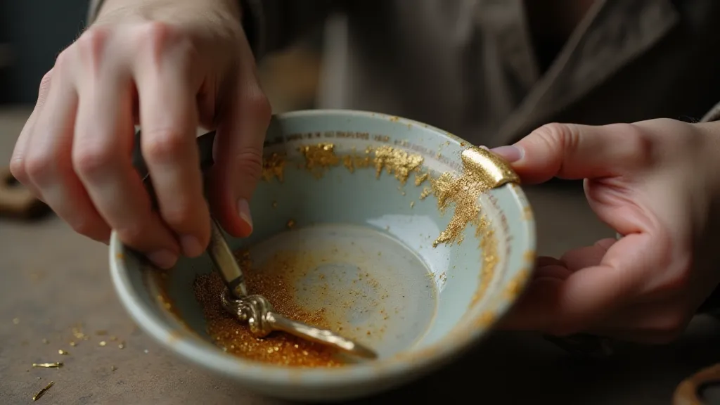 Craftsman applying gold lacquer to repaired pottery