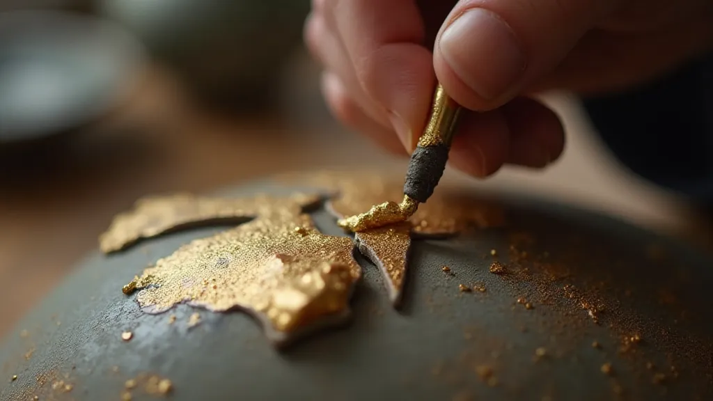 Hand applying gold lacquer during Kintsugi repair