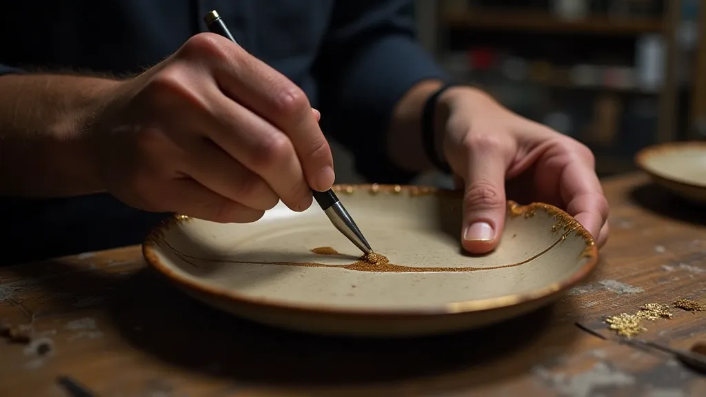 Artisan repairing pottery using Kintsugi techniques